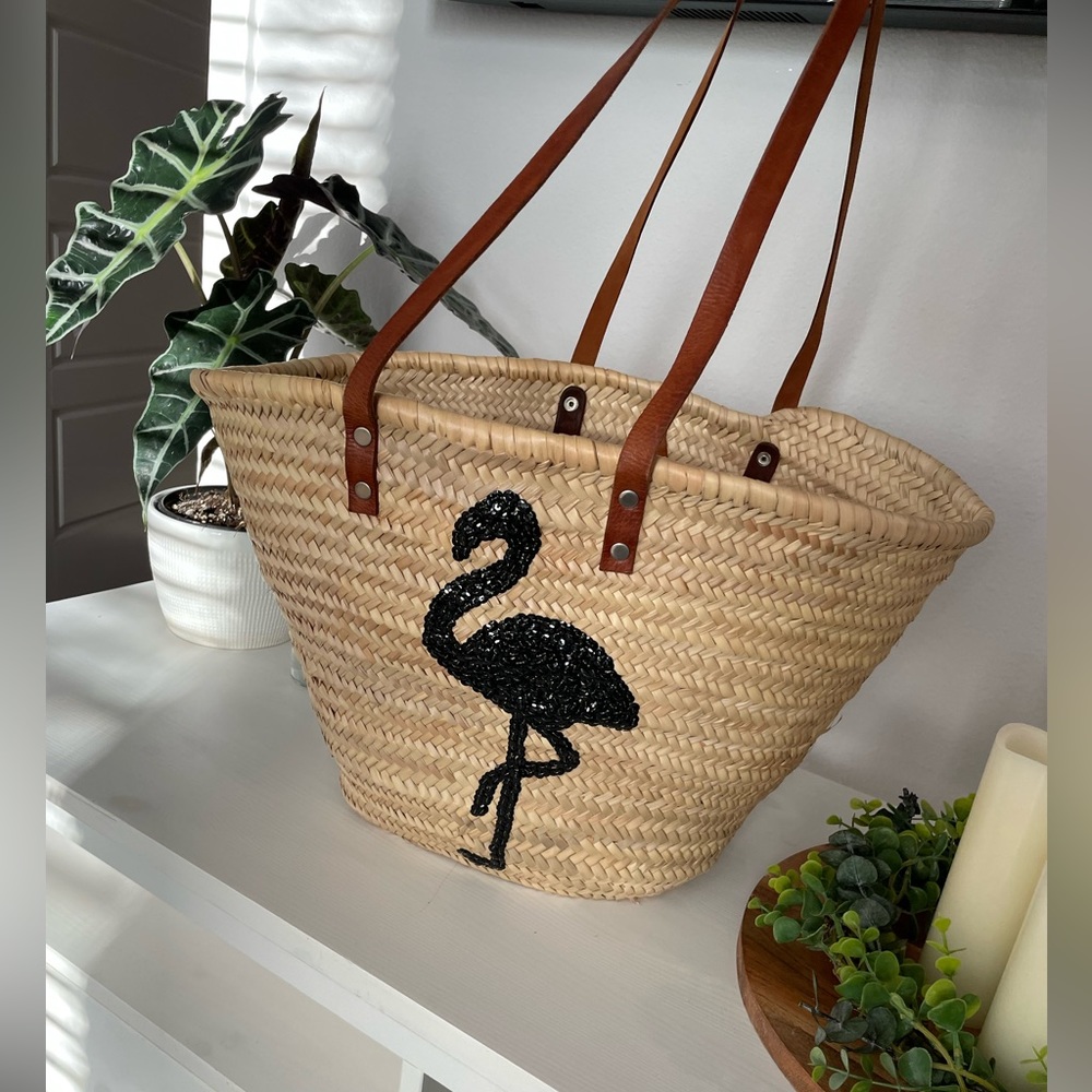 Moroccan braided straw BoHo bolga market basket with flamingo